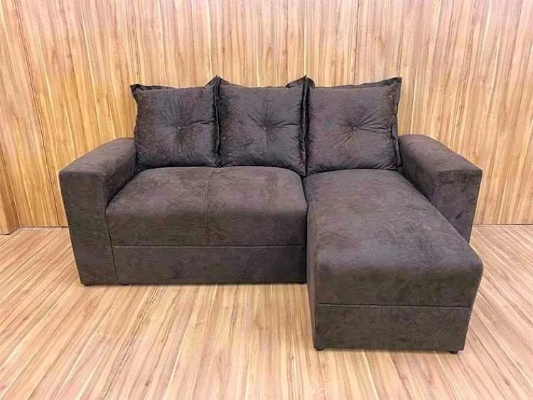 Estofado Lucas 2Lgs com Chaise Suede Azul Metalon — Veludo Suede - Marrom