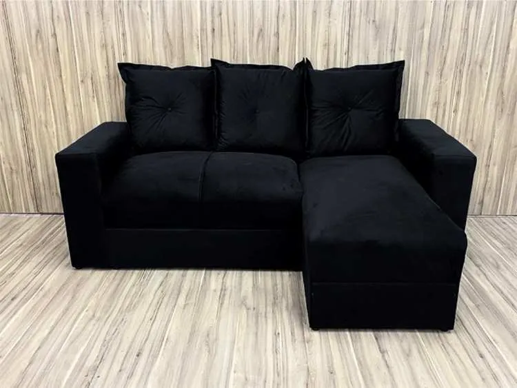 Estofado Lucas 2Lgs com Chaise Suede Preto Metalon — Veludo Suede - Preto