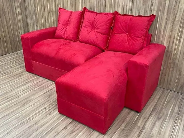 Estofado Lucas 2Lgs com Chaise Suede Azul Metalon — Veludo Suede - Vermelho