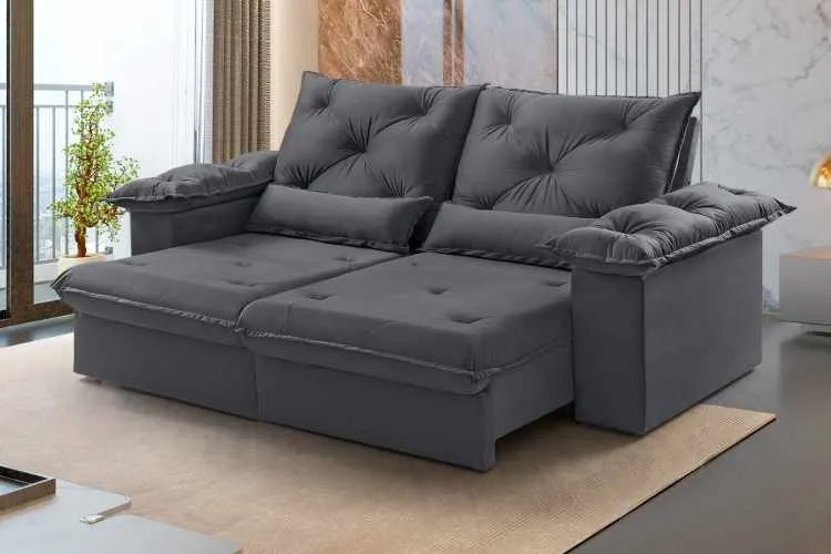 Estofado Retratil Reclinavel Atlas 290 2x120 + Braço 25cm Linho Bege 01 Idealle — Estofado Atlas 290 - Veludo Grafite 10