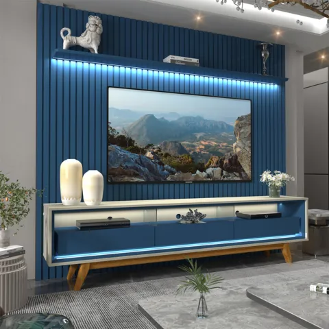 Conjunto Painel Nobre 230 Azul Royal e Rack Requinte 212 Pes Madeira Off White Azul Royal Gelius