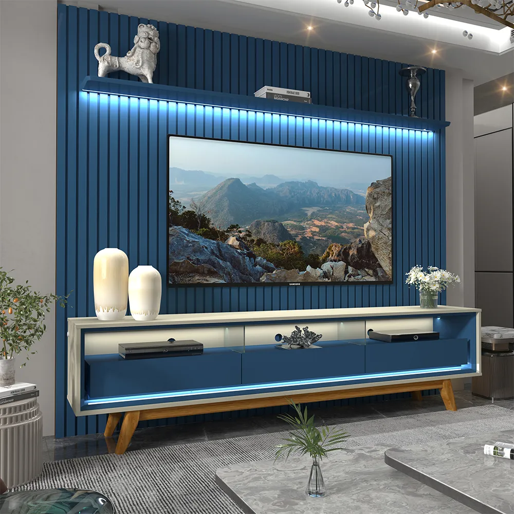 Conjunto Painel Nobre 230 Azul Royal e Rack Requinte 212 Pes Madeira Off White Azul Royal Gelius — Cj Pn Nbr 230 Az.Ry + Rk Rqnt 212 Off.Az.Ryl