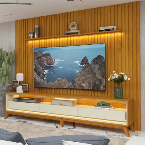 Conjunto Painel Nobre 275 Naturale e Rack Requinte 260 Pes Madeira Naturale.Off White Gelius