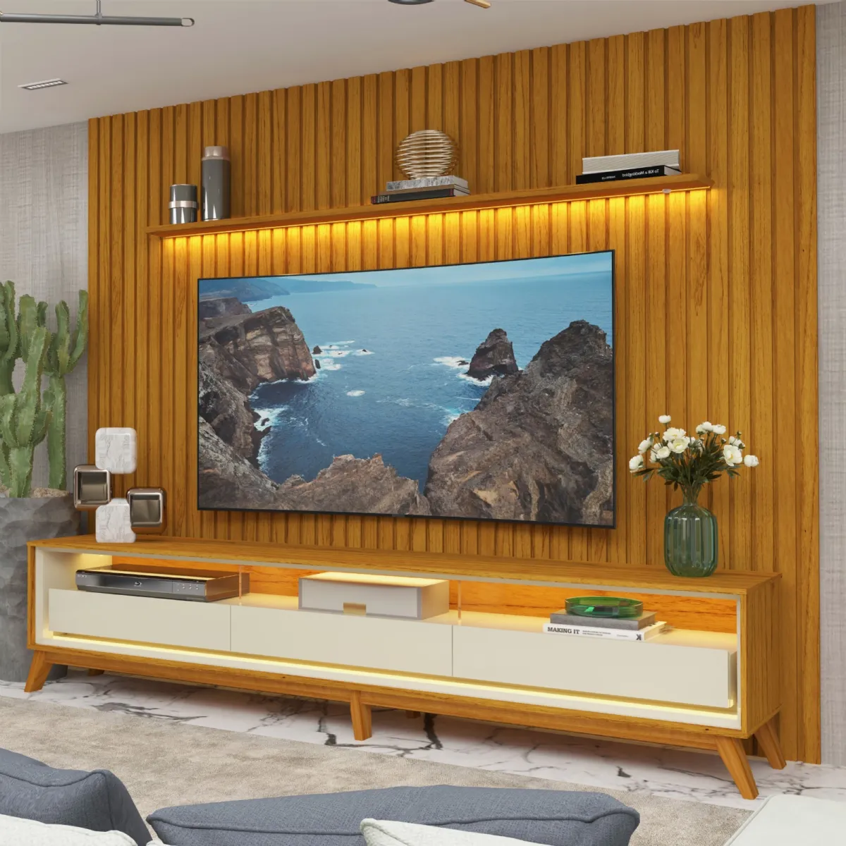 Conjunto Painel Nobre 275 Naturale e Rack Requinte 260 Pes Madeira Naturale.Off White Gelius — Conj Pn Nbr 275 Ntl + Rk Rqt 260 Ntl/Off
