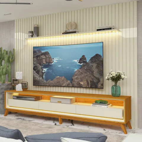 Conjunto Painel Nobre 275 Off White e Rack Requinte 260 Pes Madeira Naturale.Off White Gelius