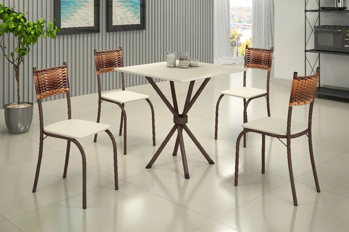 Conjunto Mesa Atlanta 70x70 Marrom Tmp Ardosia Off White e 4 Cadeiras Atlanta Marrom.Creme Teixeira — Mesa 70 Marrom/Off White - Cd Marrom/Creme