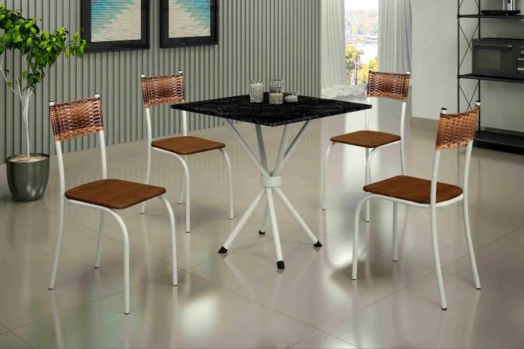 Conjunto Mesa Atlanta 70x70 Marrom Tmp Ardosia Off White e 4 Cadeiras Atlanta Marrom.Creme Teixeira — Mesa 70 Branco Tmp Pdr - 4 Cd Atlanta Br/Carv