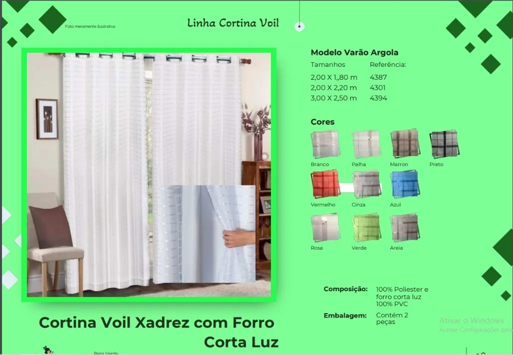Cortina Voil Xadrez 2,00m x 1,80m sem Black Out Cores Sortidas Pena Verde — Cort Voil Xadrez 300x250 c/BackOut - Sortida