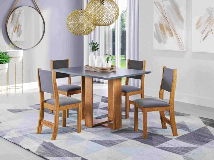 Sala Magic 120x80 Mel.Blonde com 4 Cadeiras Sol Mel.Blonde Veludo Marfim Viero — Sala Magic 120x80 - Mel/Cinza - Vel Grafite