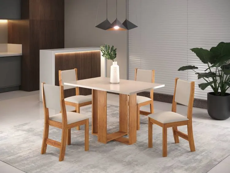 Sala Magic 120x80 Mel.Blonde com 4 Cadeiras Sol Mel.Blonde Veludo Marfim Viero — Sala Magic 120x80 - Mel/Blonde - Vel Marfim