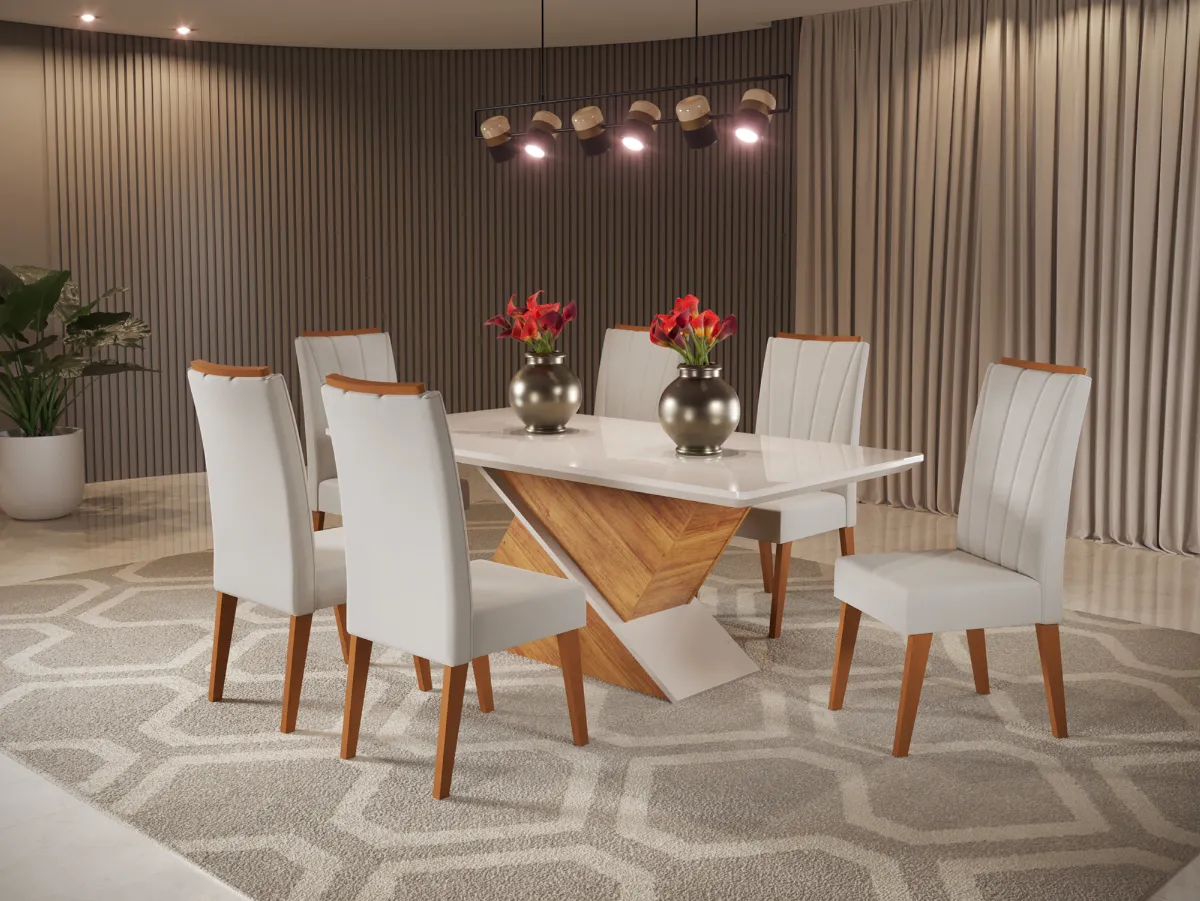Sala Aurea 180x90 com 6 Cadeiras Safira Mel Blonde.Off White Veludo Marfim Viero — Mel Blondel/Off White  - Vel Marfim