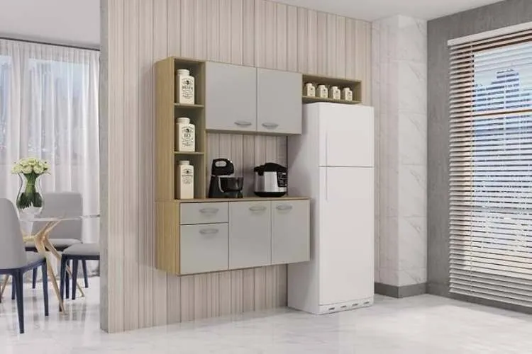 Cozinha Suspensa com Balcao Isis 163 Branco Detalhe Preto Poquema — Damasco/Off White