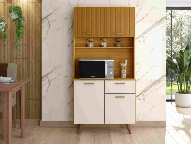 Kit Cozinha Izis 90 4P1G1N Poliman — Freijó Efeito Ripado 3D/Off White