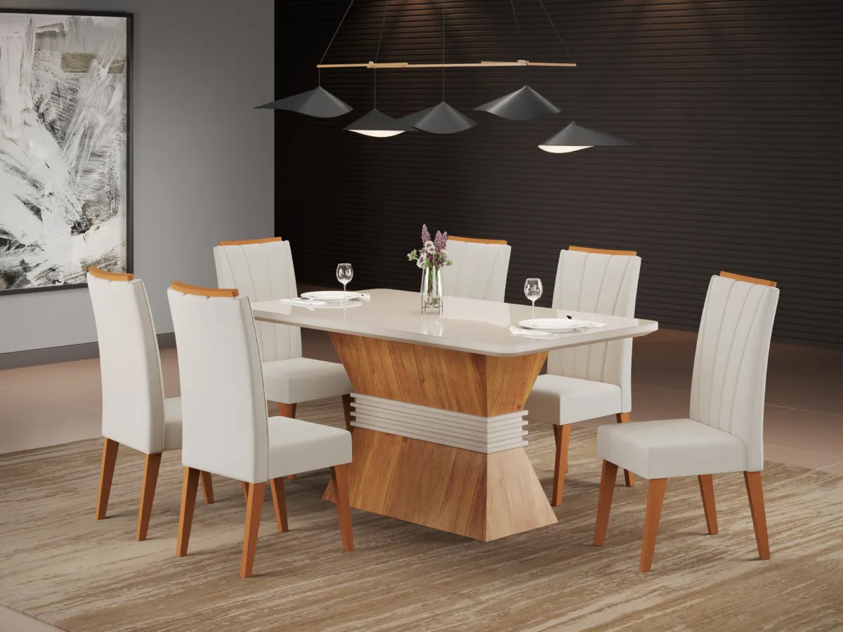 Sala Eve 180x90 com 6 Cadeiras Safira Mel Blonde.Off White Veludo Marfim Vieiro — Sala Eve 180 Mel Blonde/Off White - VeMarfim