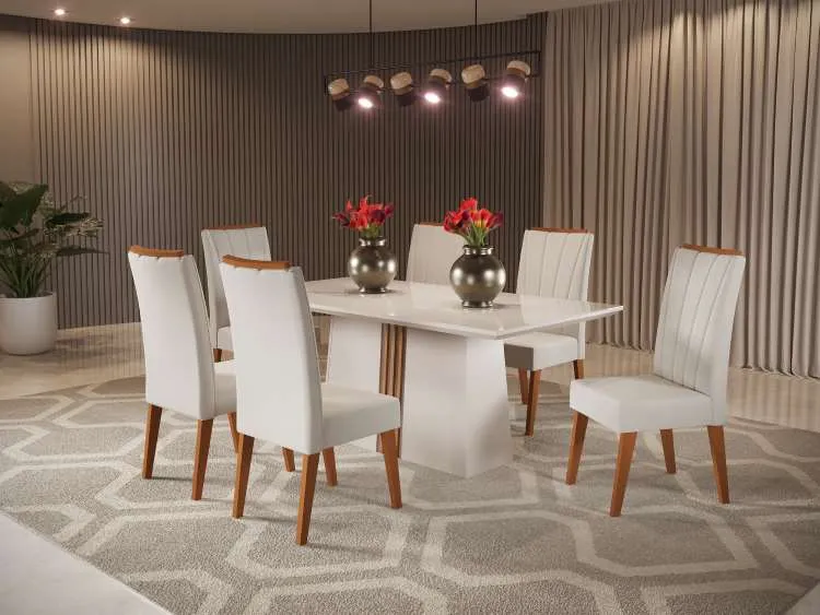 Sala Felice 170x90 com 6 Cadeiras Safira Mel Blonde.Off White Veludo Marfim Veiro — Off White/Det Mel - Veludo Marfim