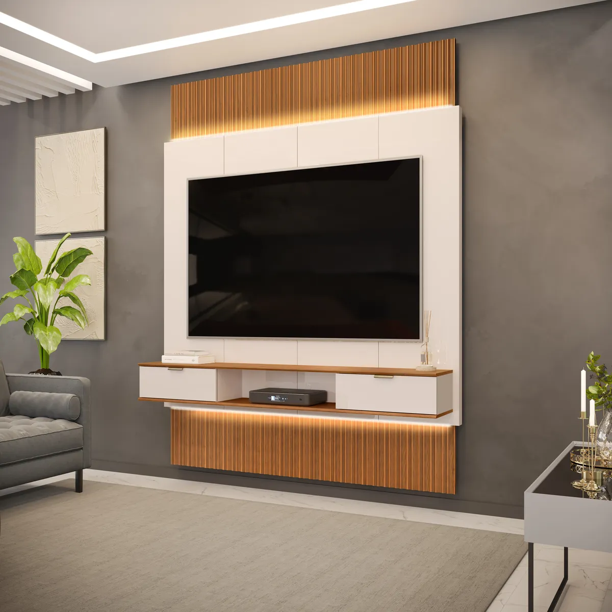 Painel Extensivel Hit 1900 Cedro.Quartzo DJ Moveis — Freijó/Off White