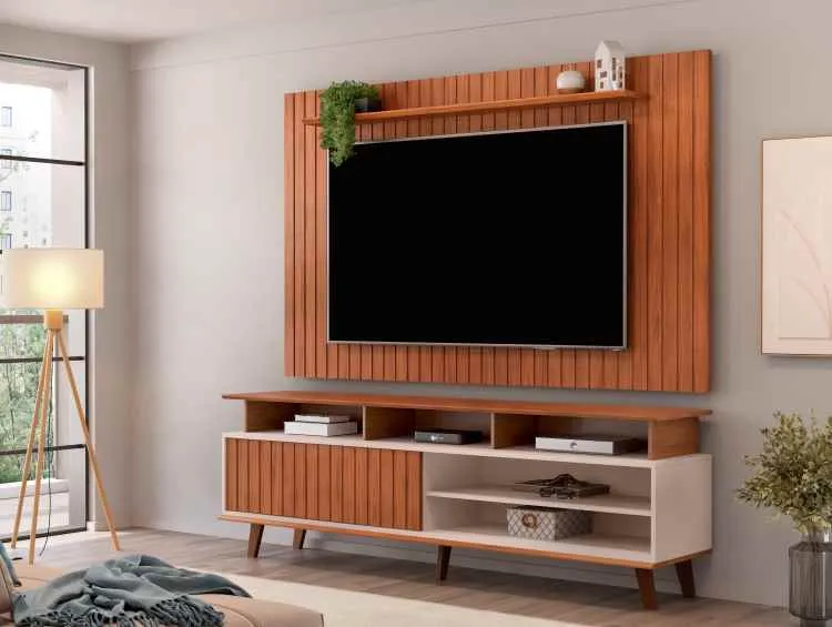 Conjunto de Painel Lume Cedro com Rack Flow Cedro.Bali DJ Moveis — Freijó - Freijo/Off White