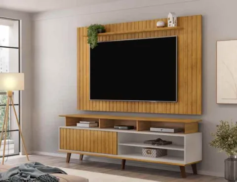Conjunto de Painel Lume Cedro com Rack Flow Cedro.Bali DJ Moveis