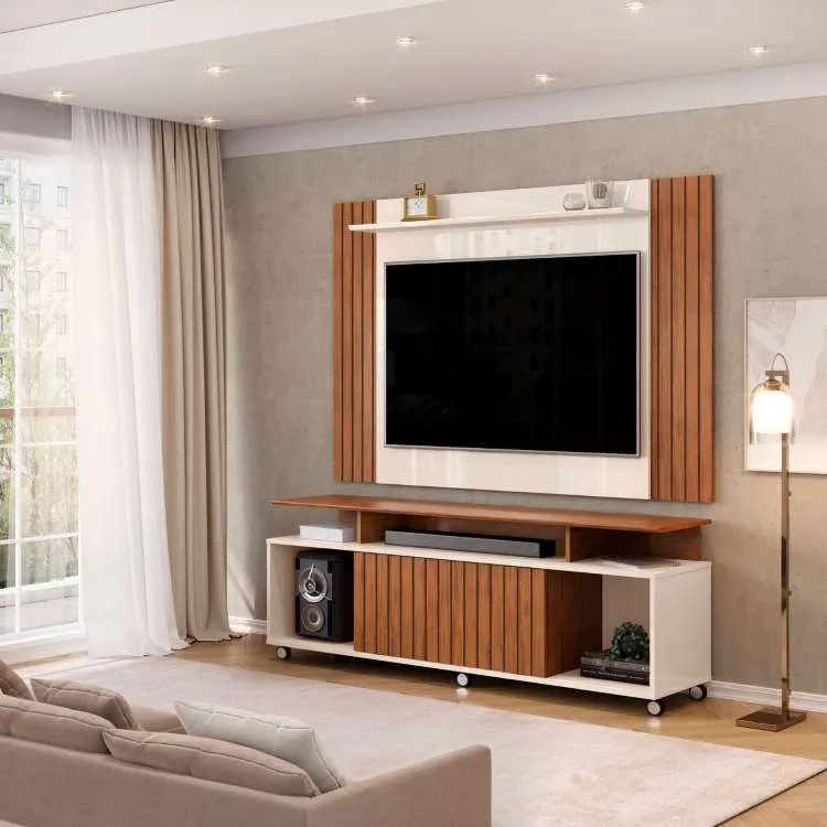 Combo Painel Extensivel Trend Cedro.Bali com Rack Tomy Cedro.Bali DJ Moveis — Freijó/Off White - Freijó/Off White