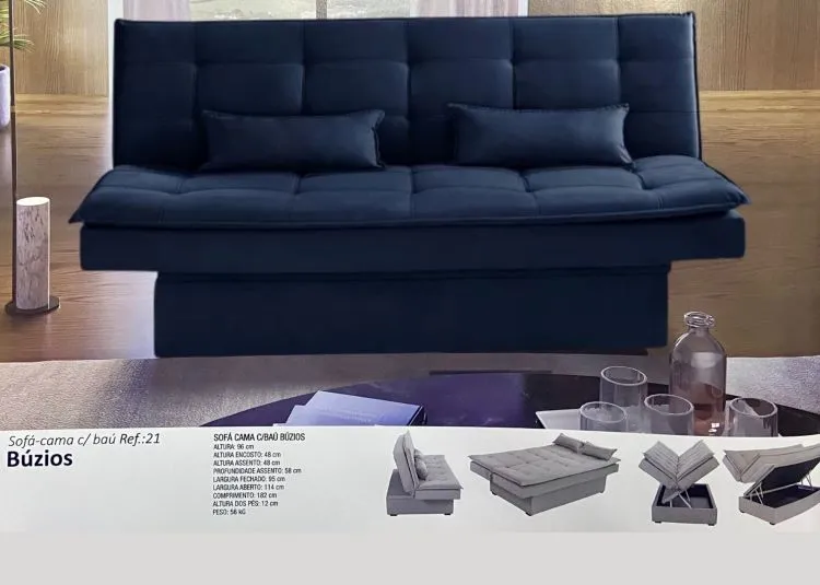 Sofa Cama Buzios com Bau 3Lgs 2 Estagios Veludo Azul Marinho 2308B Luxury — Veludo Azul - 2224B