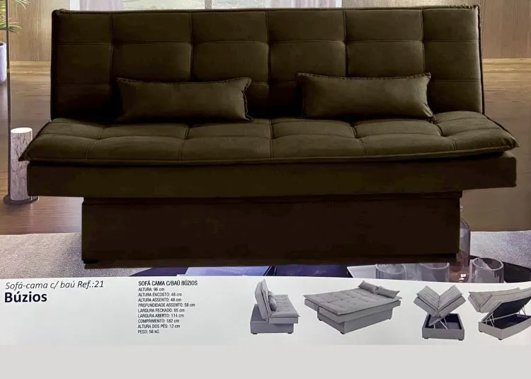 Sofa Cama Buzios com Bau 3Lgs 2 Estagios Veludo Azul Marinho 2308B Luxury — Veludo Suede Marrom - 2263A