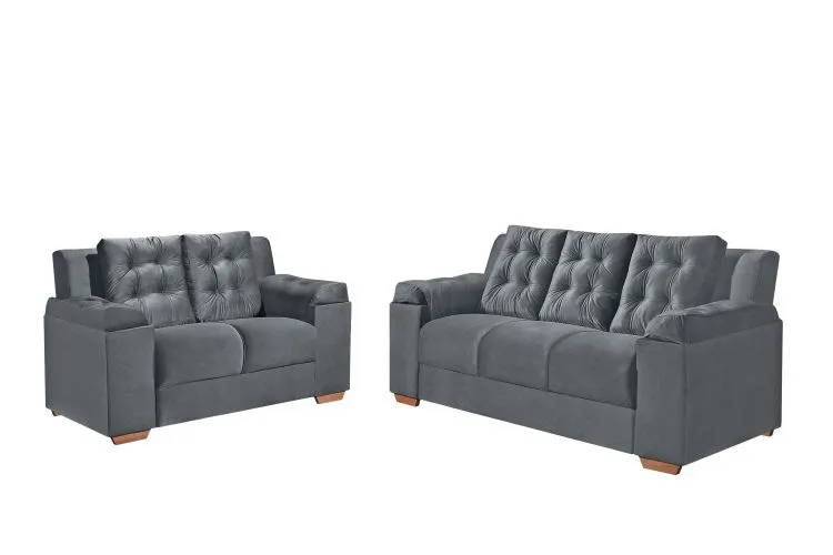 Conjunto Estofado Santiago 2x3Lgs Tec 001 Corino Marrom Top Estofados — Tec 195 Veludo Inca - Cinza