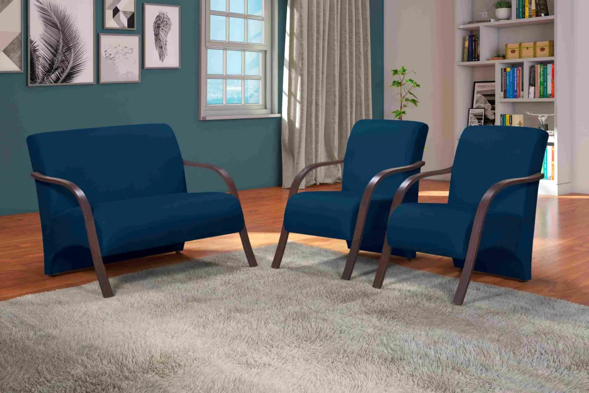 Conjunto de Poltronas Araxa 3Pcs 2.1.1Lgs Veludo Inca Vermelho 05 Bem Estar Estofados — Veludo Inca - Azul Marinho 24