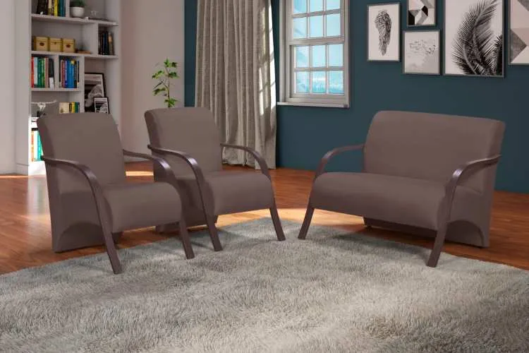 Conjunto de Poltronas Imperatriz 3Pcs 2.1.1Lgs Veludo Inca Bege 15 Bem Estar Estofados — Veludo Inda - Marrom 17
