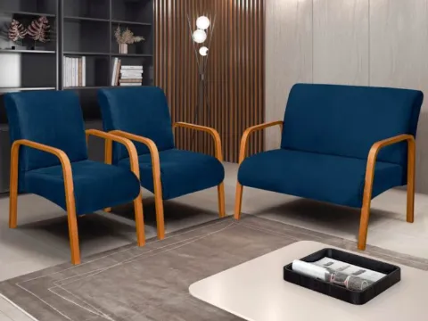 Conjunto de Poltronas Araxa 3Pcs 2.1.1Lgs Veludo Inca Azul Marinho 24 Bem Estar Esfofados
