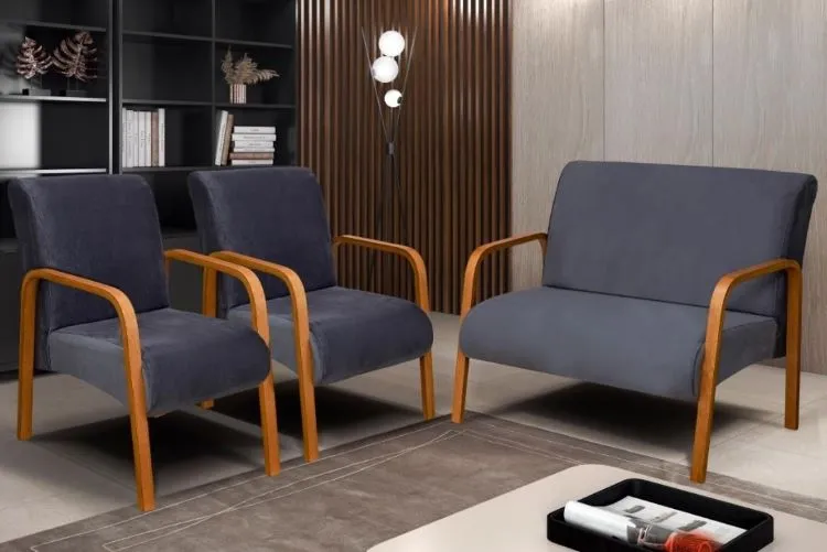 Conjunto de Poltronas Araxa 3Pcs 2.1.1Lgs Veludo Inca Bege 15 Bem Estar Estofados — Veludo Inca - Cinza 10