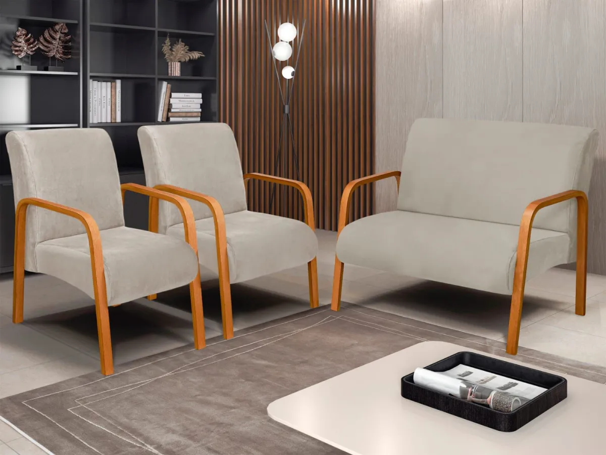 Conjunto de Poltronas Araxa 3Pcs 2.1.1Lgs Veludo Inca Bege 15 Bem Estar Estofados — Veludo Inca - Bege 15