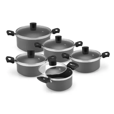 Conjunto de Cacarolas Enjoy 5 Pecas Antiaderente com Tampa de Vdiro Cinza Alegrete