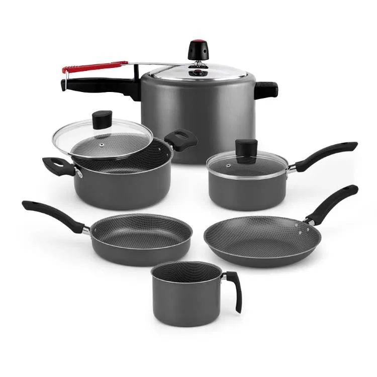 Conjunto de Panelas Enjoy 6 Pecas Antiaderente com Panela de Pressao e Tampo de Vidro Cinza Alegrete — Conj Enjoy 6Pçs + PP - Cinza
