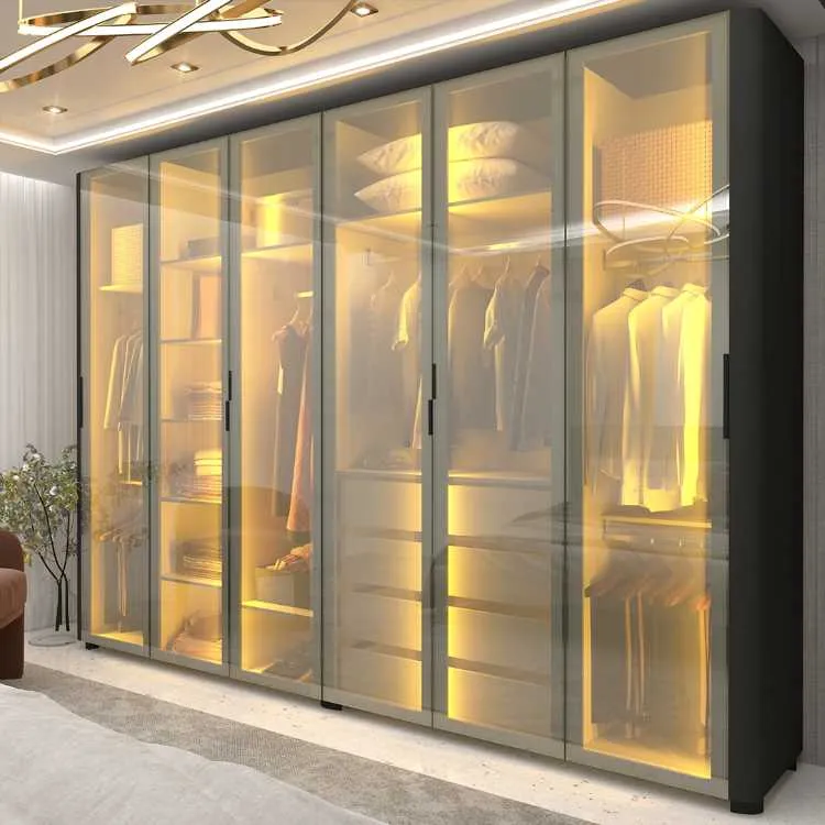 Roupeiro Innova 6 Portas de Vidro Reflecta com LED e Pes Gelius — Preto Acetinado