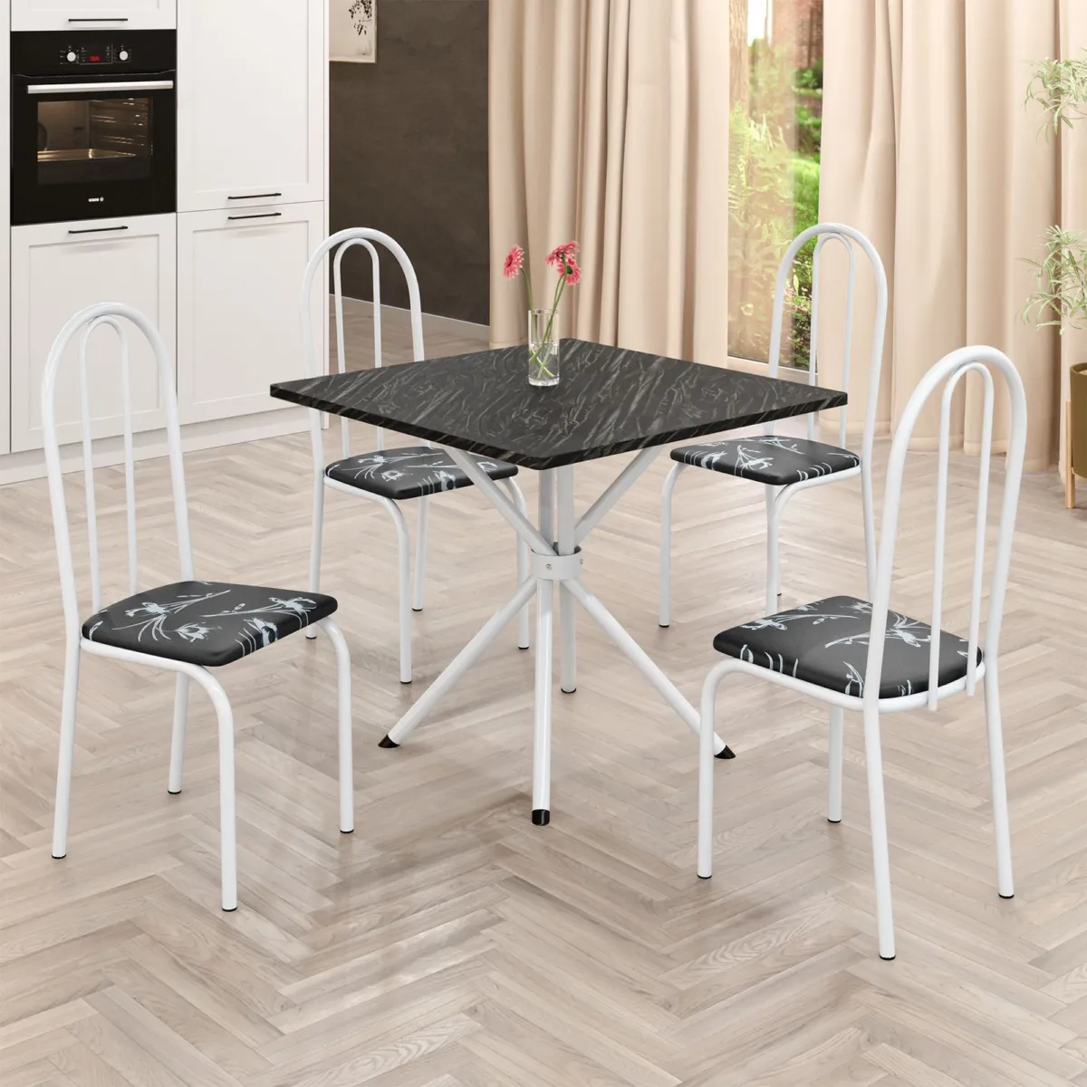 Conjunto Mesa Ubatuba Branco Tmp MDP Indiana Preto 70x70 com 4Cds Branco.Liriio Preto Teixeira — Mesa Ubatuba 70x70 Tmp MDP - Branco/Preto