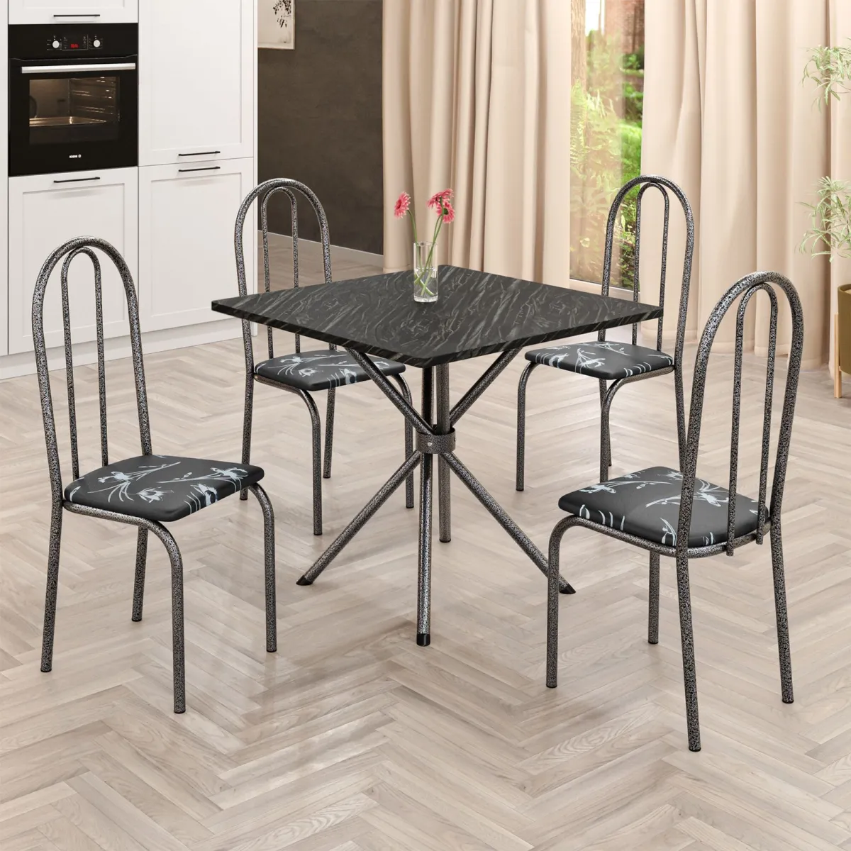 Conjunto Mesa Ubatuba Branco Tmp MDP Indiana Preto 70x70 com 4Cds Branco.Liriio Preto Teixeira — Mesa Ubatuba TMP MDP 70x70 - Martelado/Preto