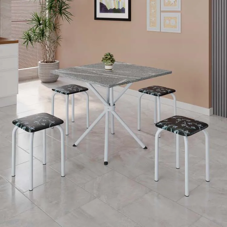 Conjunto Mesa Bali Marrom Tmp Ardosia Off White 70x70 com 4 Tamboretes Marrom.Creme Teixeira — Conj Mesa Bali 70x70 - Branco/Preto