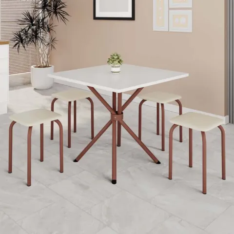 Conjunto Mesa Bali Marrom Tmp Ardosia Off White 70x70 com 4 Tamboretes Marrom.Creme Teixeira