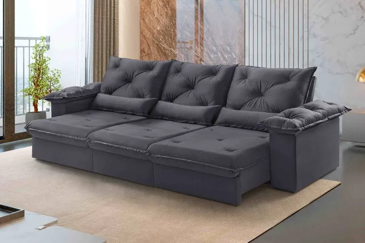 Estofado Retratil Reclinavel Atlas 320 3x90 Veludo Inca Bege Claro 02 Idealle — Veludo Inca - Grafite 10