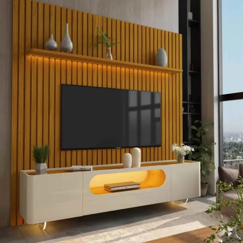 Conjunto Painel Nobre 230 Naturale com Rack Nobre 210 com LED e Pes Vidro Off White.Naturale Gelius