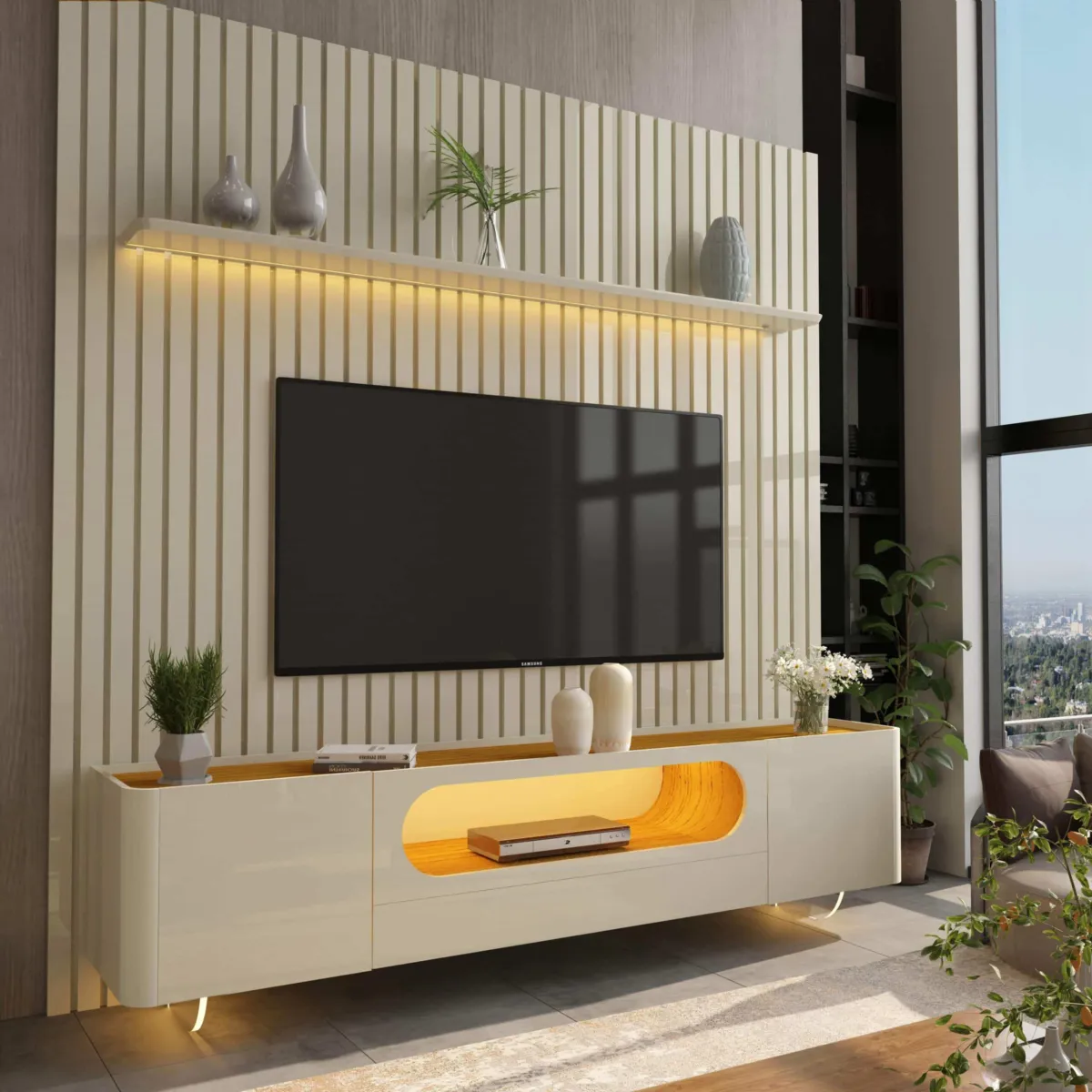 Conjunto Painel Nobre 230 Naturale com Rack Nobre 210 com LED e Pes Vidro Off White.Naturale Gelius — Conj Pnl Nbr 230 Off + Rk Nobre 210 Off/Ntl