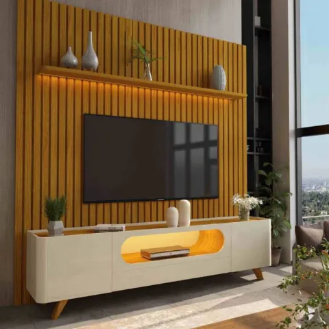 Conjunto Painel Nobre 230 Naturale com Rack Nobre 210 com Led e Pes Madeira Off White.Naturale Gelius