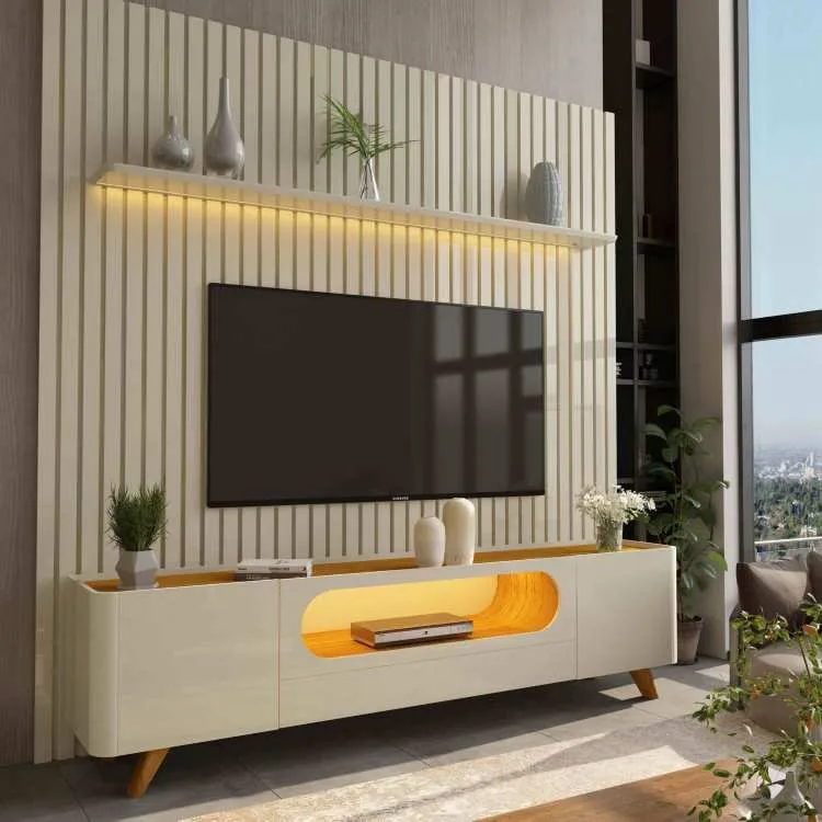 Conjunto Painel Nobre 230 Naturale com Rack Nobre 210 com Led e Pes Madeira Off White.Naturale Gelius — Conj Pnl Nbr 230 Off + Rck Nbr 210 Off/Ntl