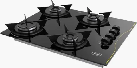 CookTop a Gas Realce 4 Bocas Mesa de Vidro Temperado Preto Realce Eletrodomesticos