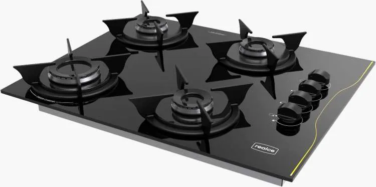 CookTop a Gas Realce 4 Bocas Mesa de Vidro Temperado Preto Realce Eletrodomesticos — CookTop Realce 4 Bocas - Preto