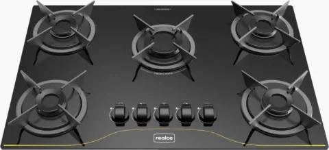 CookTop a Gas Realce 5 Bocas Mesa de Vidro Temperado Preto Realce Eletrodomesticos