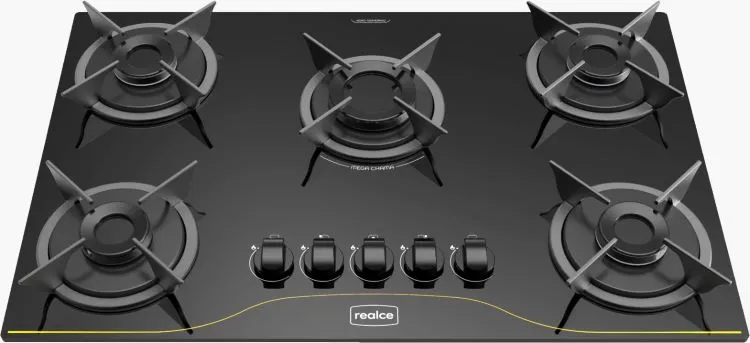 CookTop a Gas Realce 5 Bocas Mesa de Vidro Temperado Preto Realce Eletrodomesticos — CookTop Realce 5 Bocas - Preto
