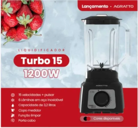 Liquidificador Turbo 15 Velocidades 3,2L ALIQ05N 01 1200W 127v Preto Cristal Agratto