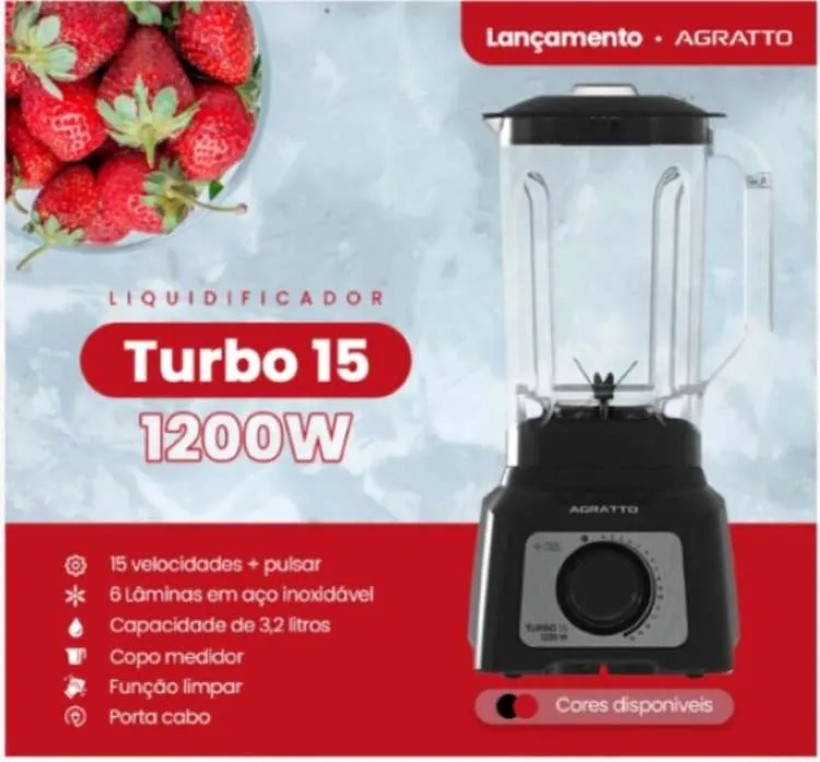 Liquidificador Turbo 15 Velocidades 3,2L ALIQ05N 01 1200W 127v Preto Cristal Agratto — Liquidificador Turbo 15 - Preto