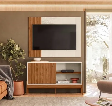 Combo Rack e Painel Wood 1.2 Cinamomo Mel.Off White Mobler